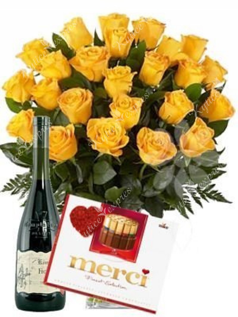 Подарочный набор из желтых роз, красного вина и Мерси
